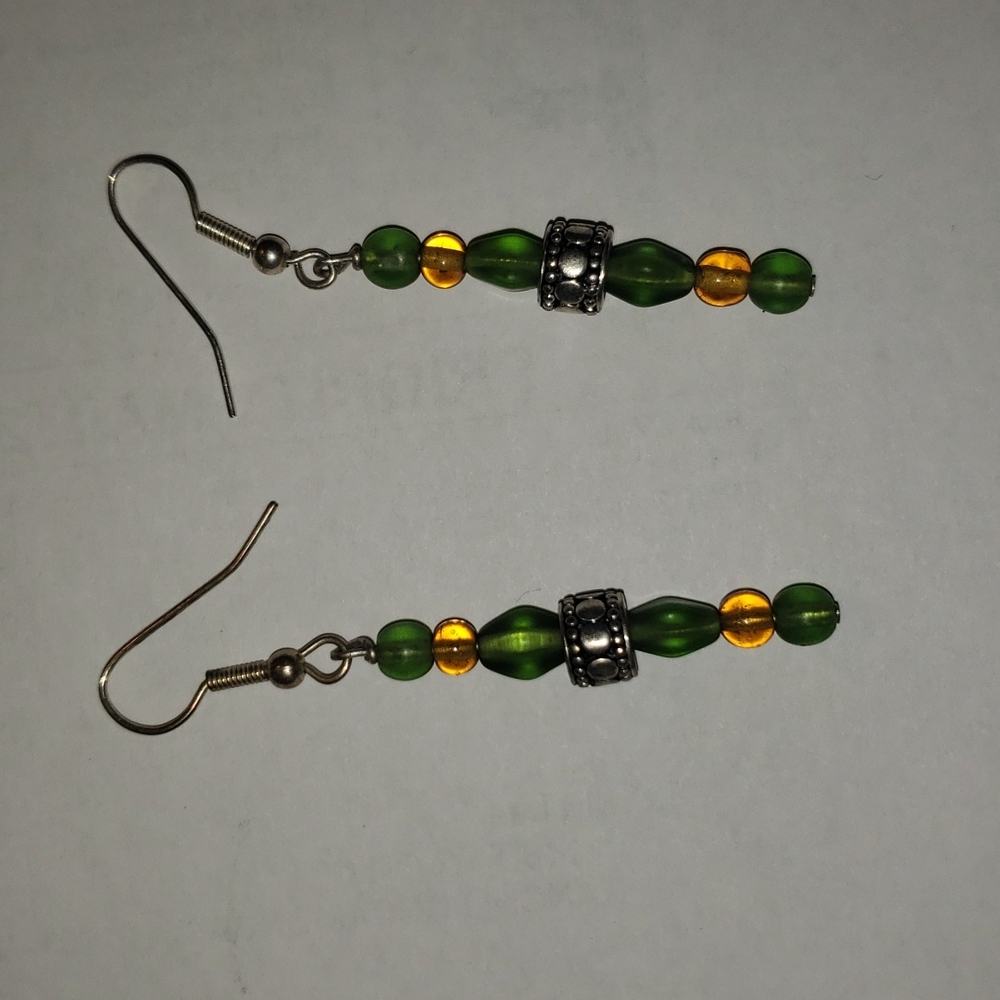 Dangle Earrings.  Green yellow and silver